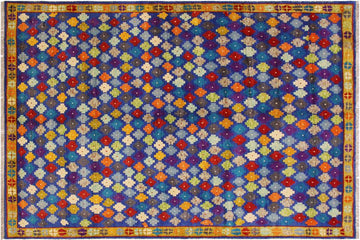 handmade Geometric Balouchi Blue Gold Hand Knotted RECTANGLE 100% WOOL area rug 5' x 7'
